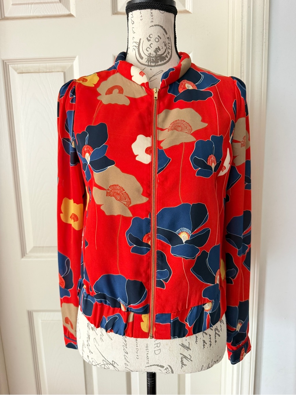 Anthropologie Red Floral Zip Bomber Jacket with Navy & Cream Accents